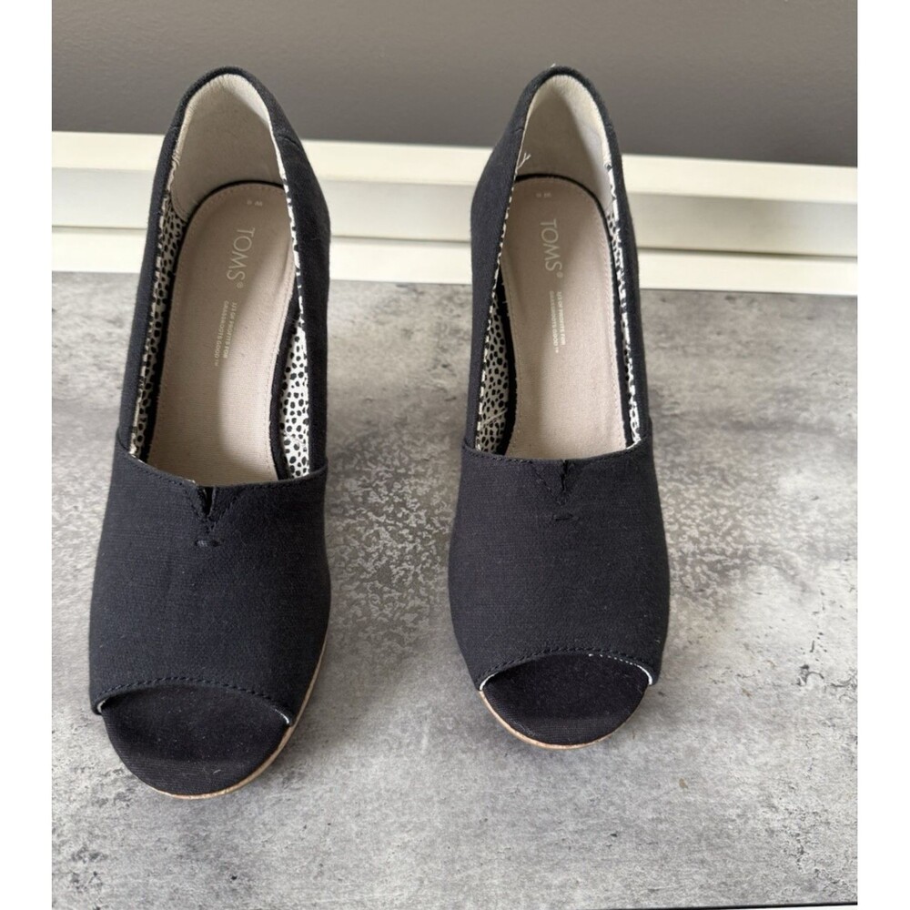 TOMS Women Black Cotton Peep-Toe Platform Cork Wedge  Heel US 8 M